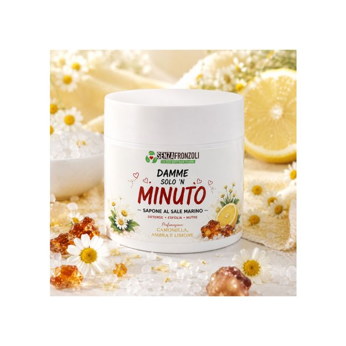DAMME SOLO ’N MINUTO – SAPONE SCRUB AL SALE MARINO, CAMOMILLA, AMBRA E LIMONE 200 ML