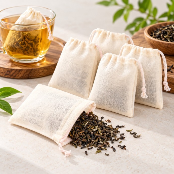 Tea bag in cotone riempite di tè sfuso accanto a una tazza di tè