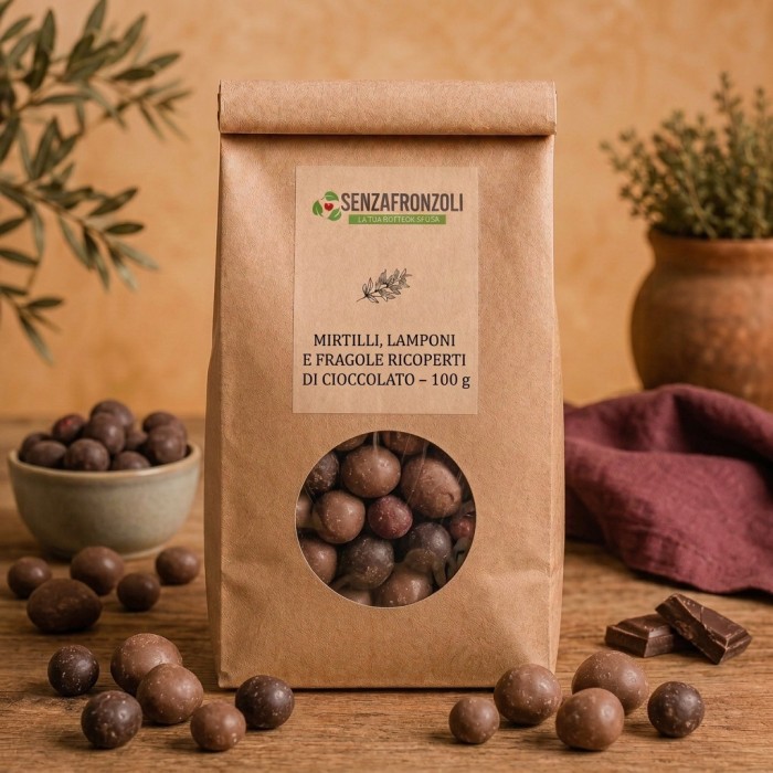 Mirtilli lamponi e fragole ricoperti di cioccolato – Senza Fronzoli – 100 g