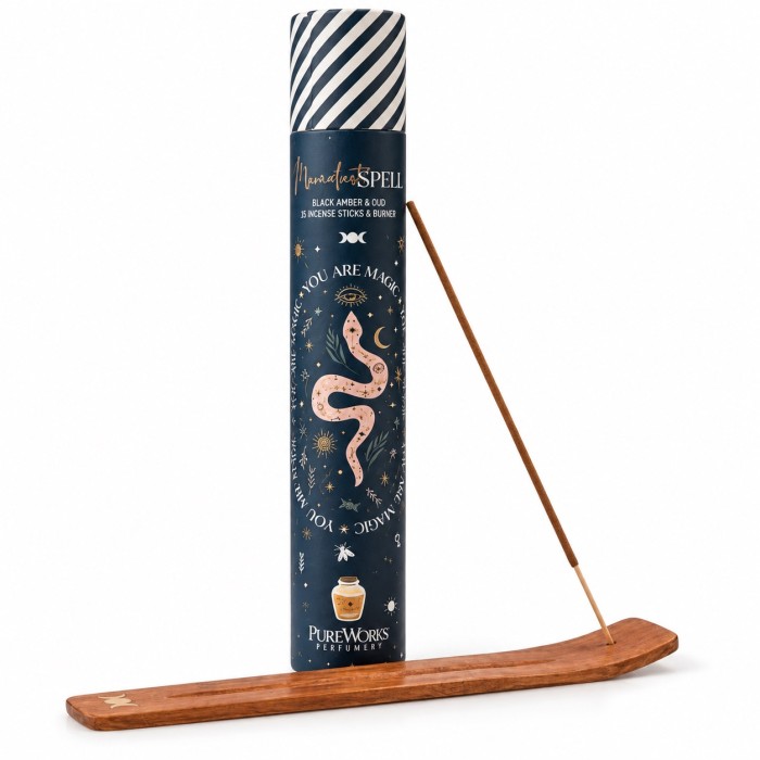 Incenso Ambra e Oud, 15 bastoncini con porta-incenso in legno