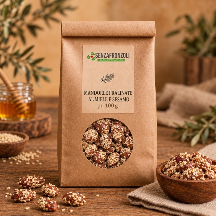 Mandorle pralinate al miele e sesamo – Senza Fronzoli – 100 g