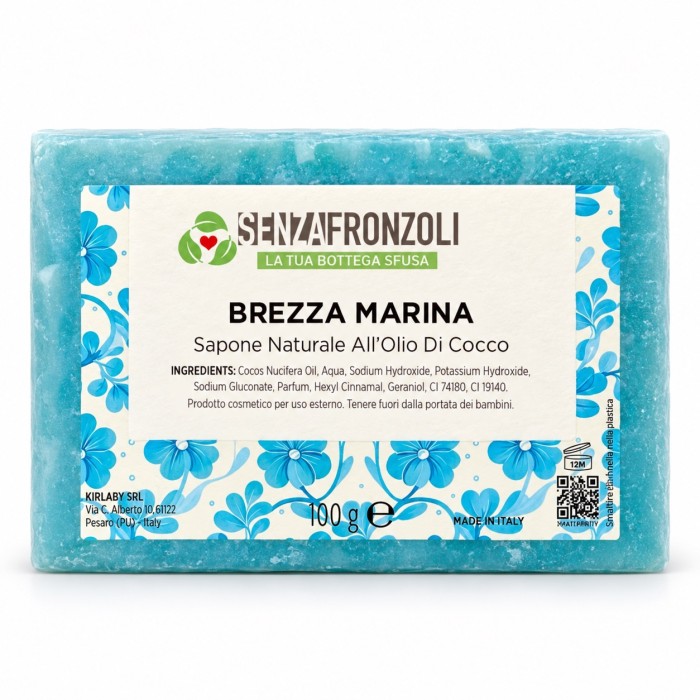 sapone solido Brezza Marina per corpo e mani, con base all’olio di cocco e profumazione fresca e acquatica.