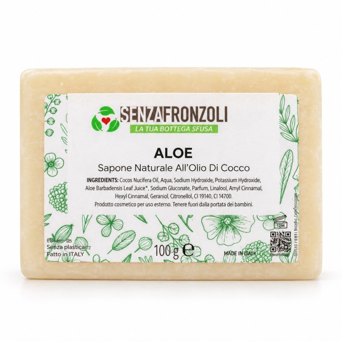 sapone solido con succo di aloe vera per detergere quotidianamente il corpo, su base all’olio di cocco.