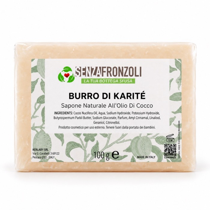 sapone solido con burro di karité e olio di cocco per detergere corpo e mani.