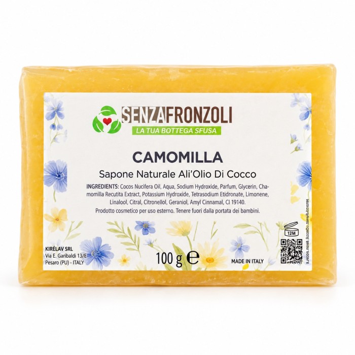 sapone solido alla camomilla per corpo e mani, con estratto di camomilla, glicerina e base all’olio di cocco.