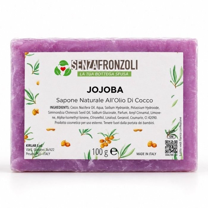 sapone solido con olio di jojoba per detergere viso e corpo, su base vegetale all’olio di cocco.
