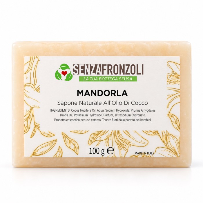 sapone solido all’olio di mandorle dolci per detergere corpo e mani, su base vegetale all’olio di cocco.
