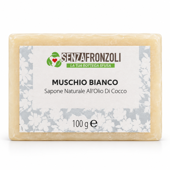 sapone solido al muschio bianco per corpo e mani, con base all’olio di cocco e una profumazione morbida.