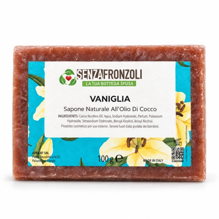 sapone solido alla vaniglia per corpo e mani, con base all’olio di cocco e una profumazione dolce.