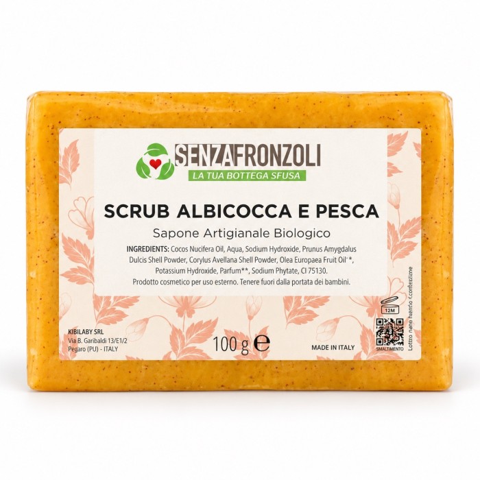 sapone scrub albicocca e pesca per detergere ed esfoliare il corpo con polveri di guscio di mandorla e nocciola.