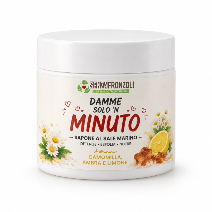 DAMME SOLO ’N MINUTO – SAPONE SCRUB AL SALE MARINO, CAMOMILLA, AMBRA E LIMONE 200 ML