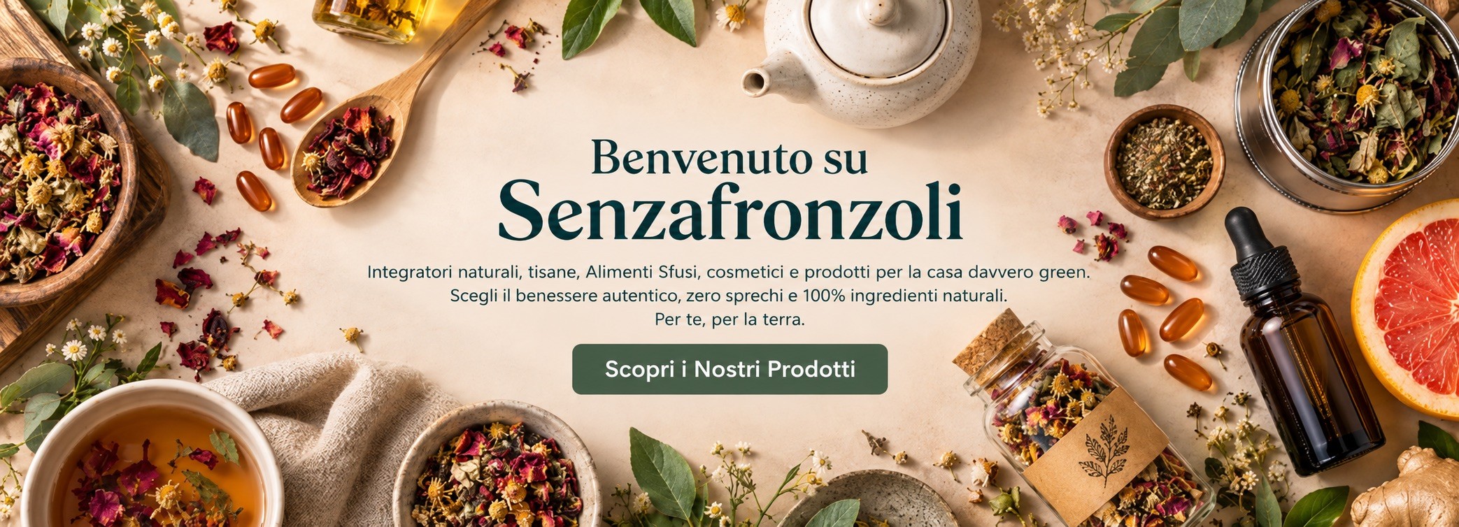 Benvenuto su Senza Fronzoli: integratori naturali, tisane, alimenti sfusi, cosmetici e prodotti per la casa